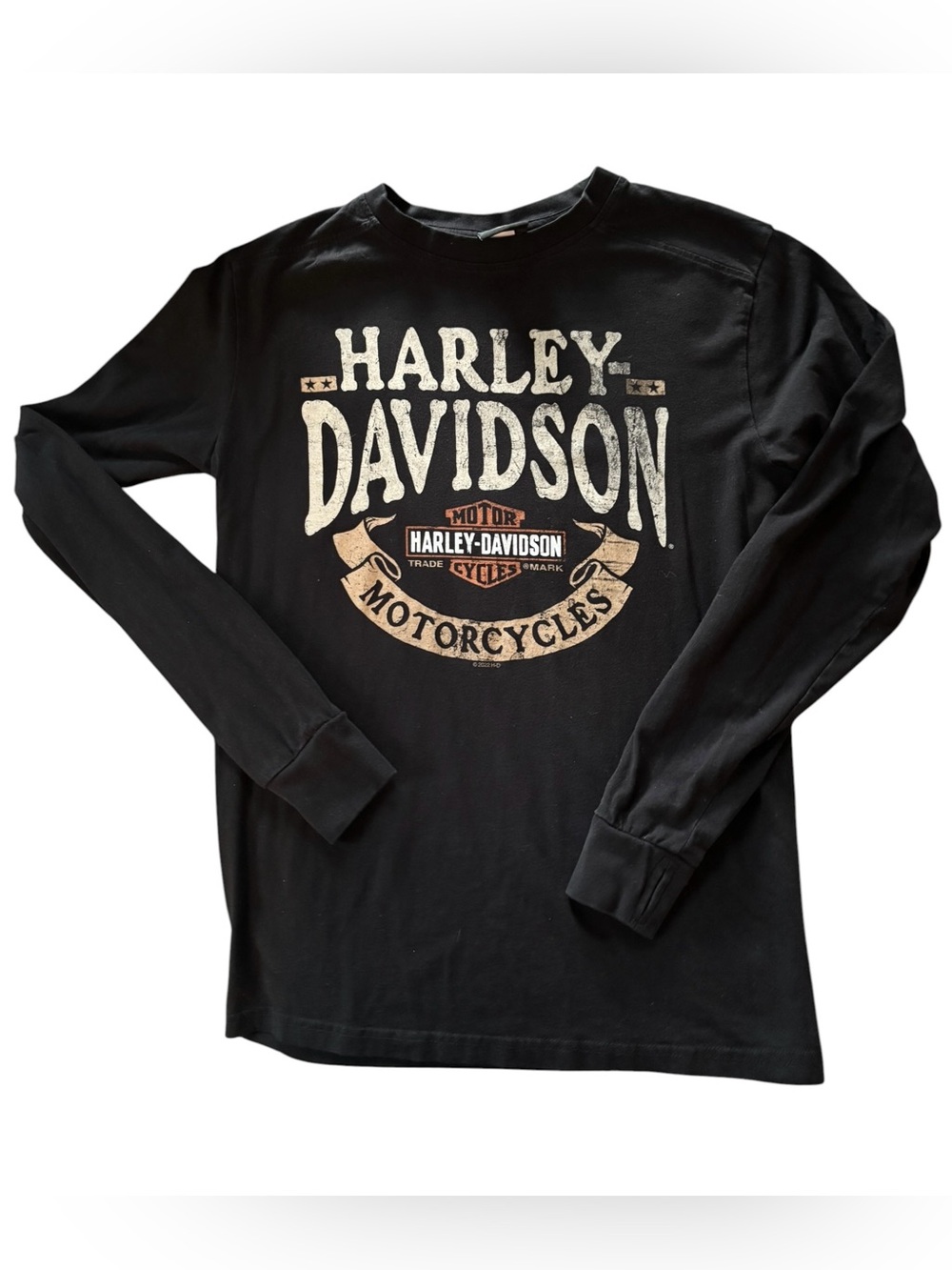 Harley-Davidson St Paul MN LS Black Tee Sz S Crew Neck Big SPELL~OUT Biker Layer